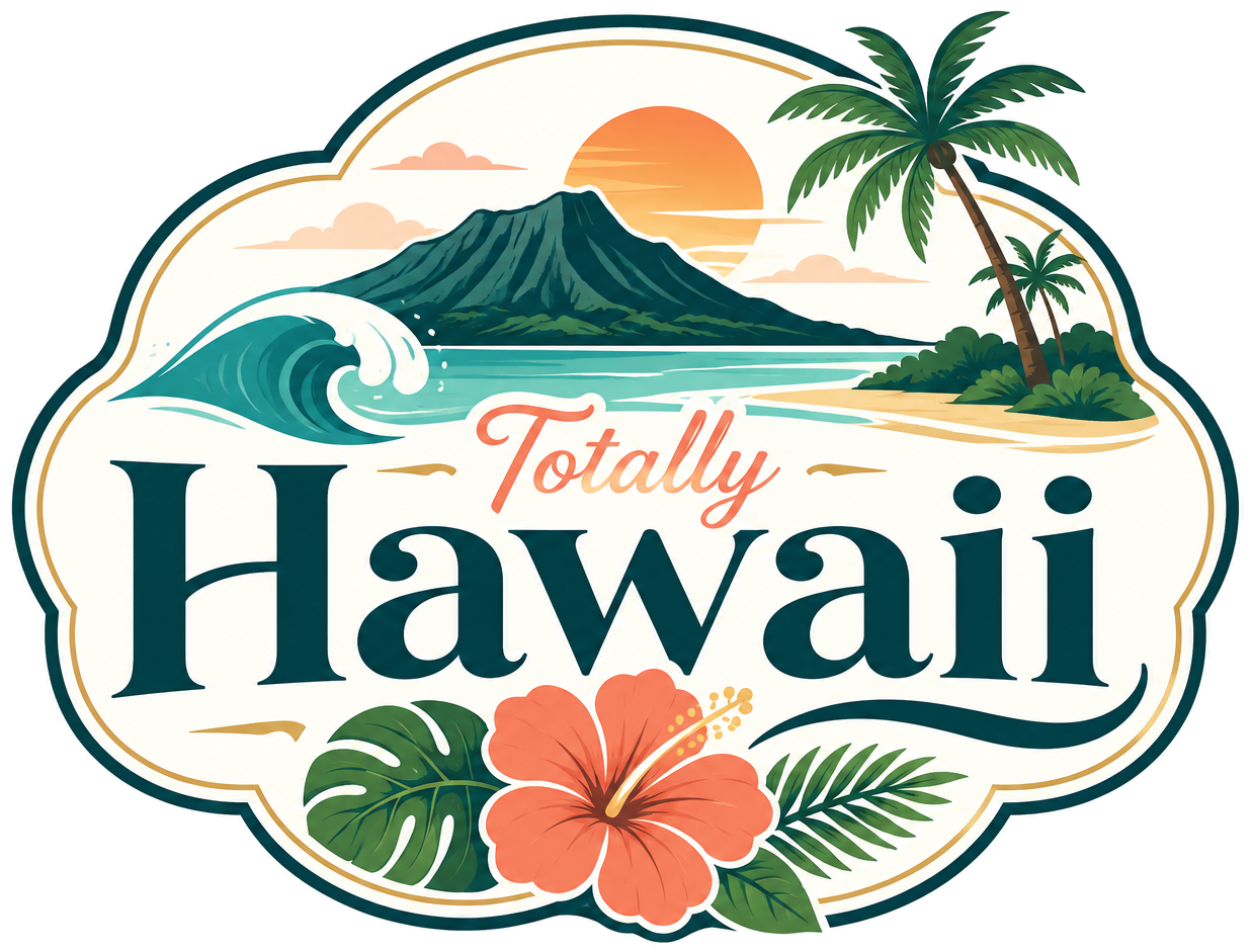 Totally Hawaii badge logo — illustrated wave, Diamond Head and palm trees